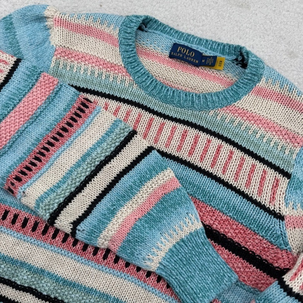 Polo Ralph Lauren Linen Chunky Knit Sweater Womens Medium Colorful Crewneck Soft